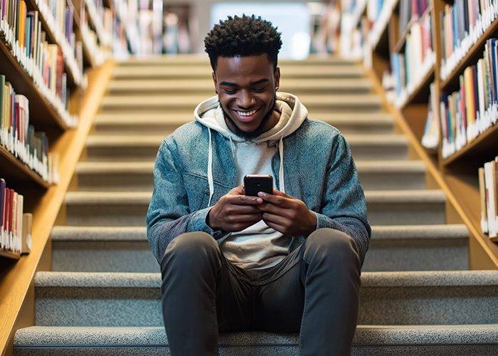 college student holding phone in library