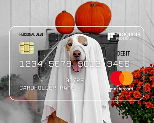 image of a dog wearing ghost costume on a debit card