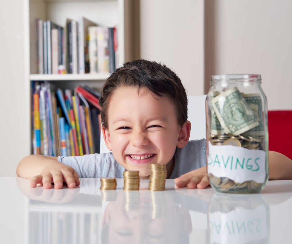 mom with toddler adding coins to a piggy bank